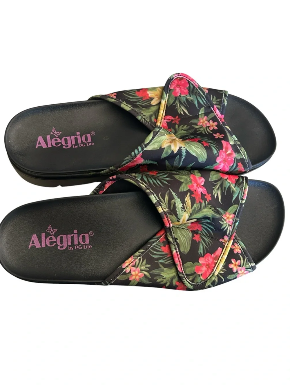 Alegria Airie Black Tropical Floral Sandals Adjustable Slides Size 40 EU